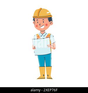 Smiling architect holding blueprint wearing hardhat and safety vest vector illustration. Inspiring Future Careers for Kids Stock Vector