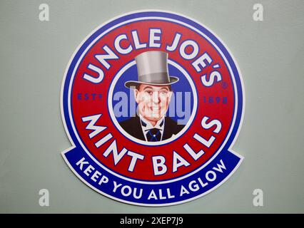 A close up view of a famous design logo advertising Uncle Joe's Mint Balls, Wigan, Lancashire, United Kingdom, Europe Stock Photo