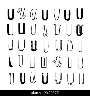 Set of letters U in different styles. Hand drawn lettering. Stock Vector