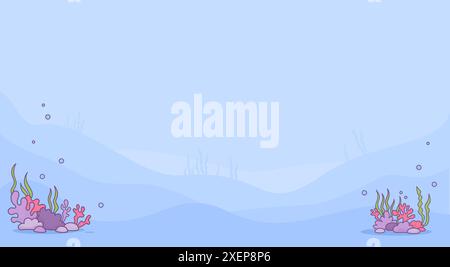 Landscape underwater bottom with algae and corals on blue background. Horizontal poster with empty space for text. Vector illustration. Stock Vector
