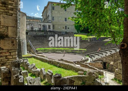 The remains of the 1st century Roman theatre. It is located within the monumental complex of Sant'Agata. Spoleto, Province of Perugia, Umbria, Europe Stock Photo