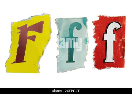 F alphabet torn from a magazine paper on white background with clipping path. Ransom note style letters. Stock Photo