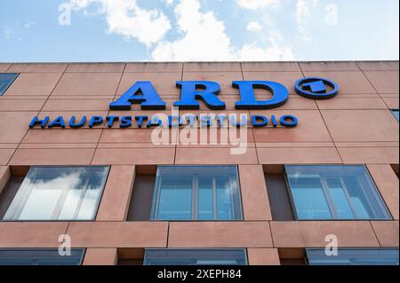 17.05.2024, Berlin, Germany, Europe - Exterior view of building with logo of German Public Broadcaster ARD in Berlin's Mitte district. Stock Photo