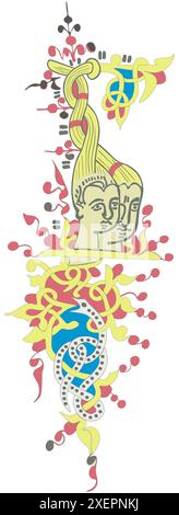 Two human faces in the letter B and ornamental symbols illustrate both letters. B is from the word God, and the letter R is the initial of the word Wo Stock Photo