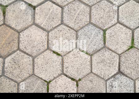 stone background made of hexagonal slabs, background in the form of honeycombs. Sprouted grass along the seams of the slabs Stock Photo