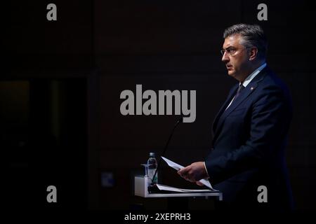 Dubrovnik, Croatia. 29th June, 2024. Croatian Prime Minister Andrej Plenkovic addresses the opening ceremony of the seventeenth edition of the Dubrovnik Forum international conference in Dubrovnik, Croatia on June 29, 2024. Photo: Matija Habljak/PIXSELL Credit: Pixsell/Alamy Live News Stock Photo