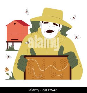 Beekeeping. Senior man in a suit harvesting honey. Old man farmer beekeeper at apiary holding honeycombs. Apiarist at farm with beehives. Apiculture worker. Flat vector illustration Stock Vector