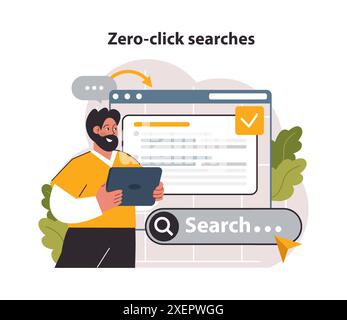 Zero-click or no click search. Query on a search engine. Internet user performs a search but doesn't click on a link of specific website. Result on a searching page. Flat vector illustration Stock Vector