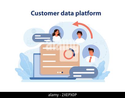 Digital marketing. Customer data platform or CDP. Client profile, portfolio, marketing data storage. Brand marketing data server. Flat vector illustration Stock Vector