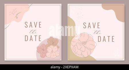 Save the date card templates in pastel colors decorated with flowers outline. Vector illustration Stock Vector
