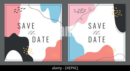 Save the date card templates decorated abstract shapes and lines. Vector illustration Stock Vector
