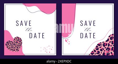 Save the date card templates decorated with leopard print, lines and shapes. Vector illustration Stock Vector