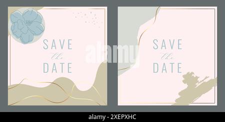 Save the date card templates in pastel colors decorated with flower outline. Vector illustration Stock Vector