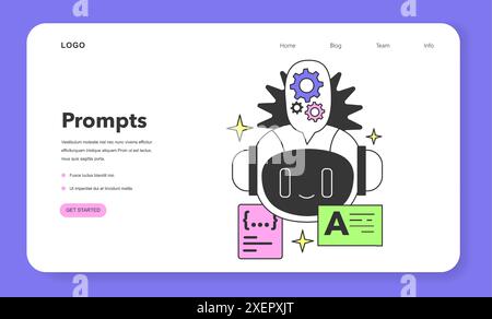 Prompt-engineering to a artificial neuron network web banner or landing page. Artificial intelligence development. AI command to create a text or an image. Flat vector illustration Stock Vector