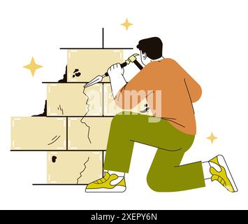 Retrofit movement. Character doing a home renovation. Old house modernization and improvement for sustainable living. Construction works, man replacing old tiles. Flat vector illustration Stock Vector