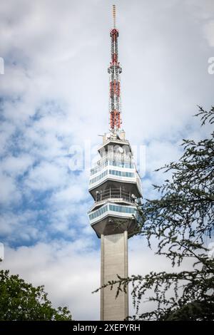 Picture of the Avala tower, or Avala toranj, seen from a nearby forest. It is a TV tower and broadcasting antenna in the suburbs of Belgrade, Serbia.A Stock Photo