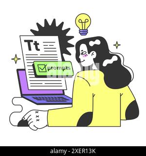 Young female prompt-engineer writing a prompt to a artificial neuron network. Artificial intelligence development. Character using AI to create a text or an image. Flat vector illustration Stock Vector
