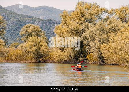 08 May 2024, Virpazar, Montenegro: Happy couple kayaking together on Lake Skadar, enjoying a summer vacation in nature. Stock Photo
