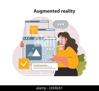 Augmented reality in marketing. VR futuristic technology. Digital promotion in cyberspace or metaverse. Customer data, statistics and experience. Flat vector illustration Stock Vector