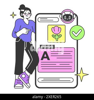Young female prompt-engineer writing a prompt to a artificial neuron network. Artificial intelligence development. Character using AI to create a text or an image. Flat vector illustration Stock Vector