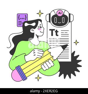 Young female prompt-engineer writing a prompt to a artificial neuron network. Artificial intelligence development. Character using AI to create a text or an image. Flat vector illustration Stock Vector