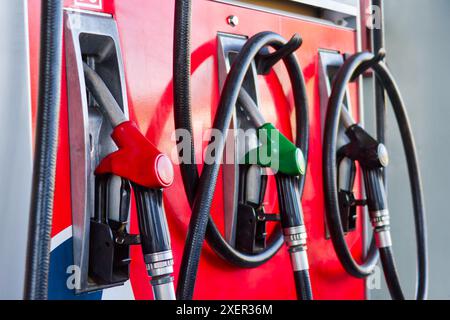 petrol station with a few hose and pump nozzles, close Stock Photo