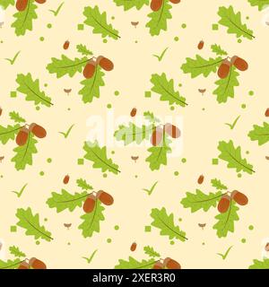 Seamless pattern from oak tree branches with green leaves and acorns object isolated on background eps Stock Vector