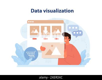 Data visualization. Representation of information using graphics, charts and infographics, Big data analysis. Marketing research, audit and planning. statistics. Flat vector illustration Stock Vector
