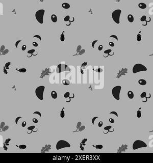 Seamless pattern with oak leaf acorn and pandas on dark background. Vector illustration. eps Stock Vector