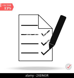 Checklist with pen icon. White flat icon with long shadow in circle on transparent background eps10 Stock Vector