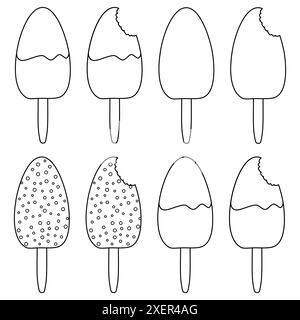 A fun and simple coloring page featuring various ice cream popsicles. Perfect for kids and adults to enjoy creative coloring. Stock Vector