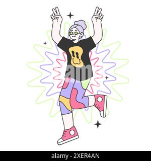 Mature character at the party. Campsite festival leisure. Old woman having fun spending time outside. Summertime leisure in the camp, active lifestyle. Flat vector illustration Stock Vector