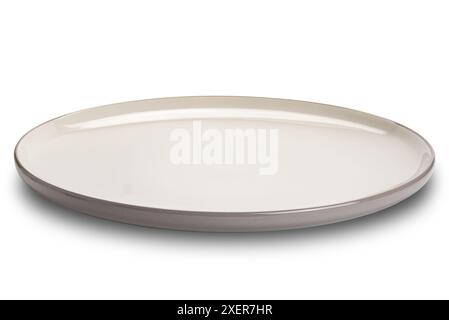 Single empty brown ceramic plate with dark brown edge isolated on white background with clipping path. Stock Photo
