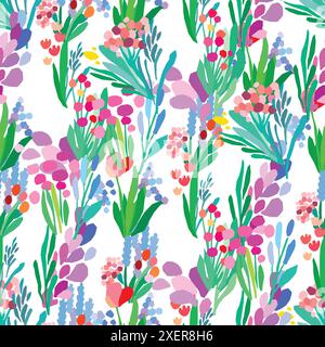Seamless pattern of colorful flowers and leaves on a white background. Floral textile print. Vector wildflowers Stock Vector
