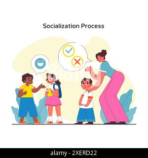 Children psychology. Kids socialization Process. Chid behavior, emotional intelligence, communication and studying skill shaping. Children upbringing and education. Vector flat illustration Stock Vector