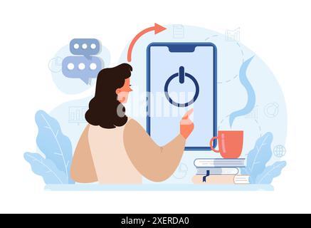 Modern wellbeing practice. Digital detox. Character taking a break from digital device. Disconnected or turned off laptop. Breaking the internet and social media addiction. Flat vector illustration Stock Vector