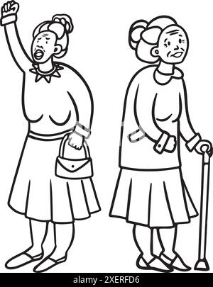 Protesting granny with a stick line drawing vector illustration Stock