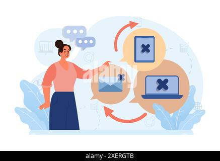 Modern wellbeing practice. Digital detox. Character taking a break from digital device. Disconnected or turned off laptop. Breaking the internet and social media addiction. Flat vector illustration Stock Vector