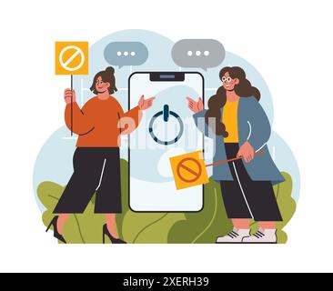 Modern wellbeing practice. Digital detox. Character taking a break from digital device. Disconnected or turned off laptop. Breaking the internet and social media addiction. Flat vector illustration Stock Vector