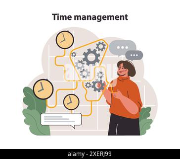 Personal growth. Time management. Character with self-discipline. Planning and checking tasks. Organization for performance efficiency. Flat vector illustration Stock Vector