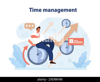 Personal growth. Time management. Character with self-discipline. Planning and checking tasks. Organization for performance efficiency. Flat vector illustration Stock Vector