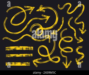 Hand drawn simple arrow set drawn with wax crayon, charcoal or chalked arrows. Uneven dry texture for underlining highlighting. Pencil drawn lines, st Stock Vector