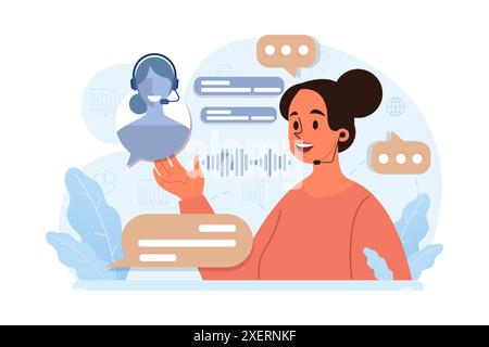 Voice search. Artificial intelligence virtual assistant. Woman speaking on microphone with browser request. Voice activated identification for digital security. Flat vector illustration Stock Vector