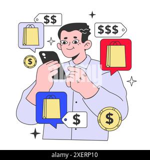 E-commerce. Online shopping, character using a price comparison website or app to optimize expenses. Digital service for prices management. Purchasing goods online. Flat vector illustration Stock Vector
