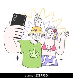 Stylish adult characters holding a smartphone, taking a selfie at festival campsite. Mature man and woman posing for social media. Flat vector illustration Stock Vector