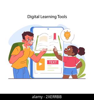 Child cognitive development. Digital learning tools. Children using digital device. Process of kids intelligence, creativity and personality formation. Flat vector illustration Stock Vector
