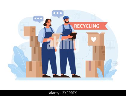 Sustainability. Conscious consumption. Character with eco-friendly life-style. Sustainable practice in the daily life. Garbage collecting, sorting and recycling. Flat vector illustration Stock Vector