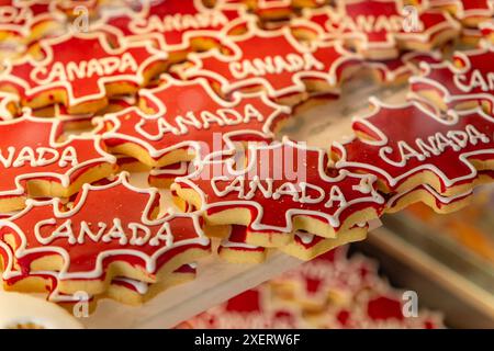 Retail display of bright red  cookies shaped like a maple leaf with the word Canada in a bakery display case. Stock Photo