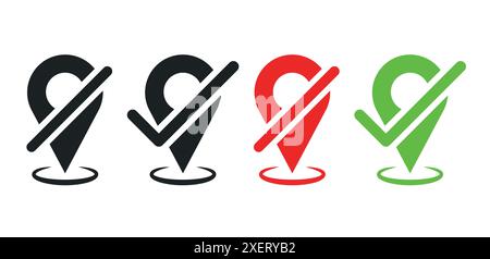 Location map pin with check and cross mark sign. Stock Vector