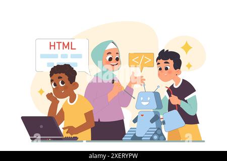 Computer science class for kids. Diverse children programming and ...